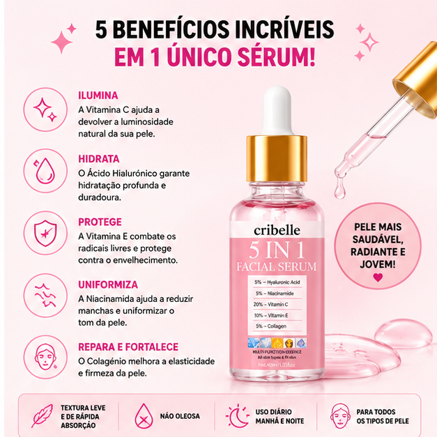Cribelle Sérum Facial 5 em 1 Vitamina C e Ácido Hialurónico