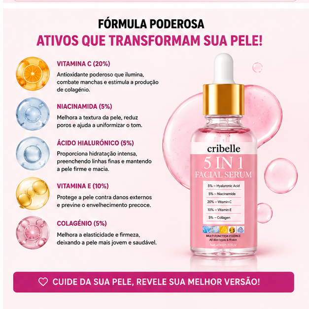 Cribelle Sérum Facial 5 em 1 Vitamina C e Ácido Hialurónico